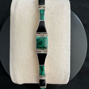 Taxco 950 Sterling, Onyx, and Malachite Graduated Inlay Bracelet
